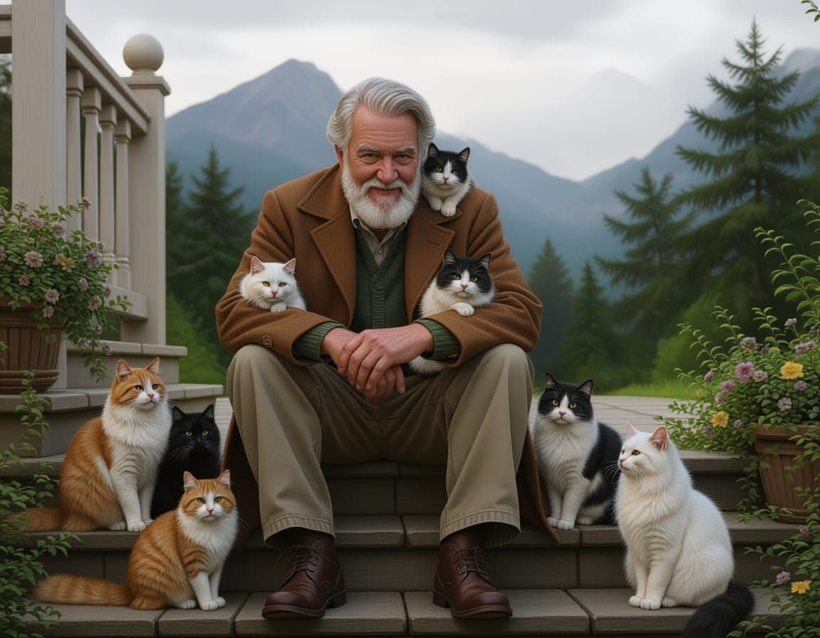 Elderly Man with Cats on Steps in Ethereal Mist
