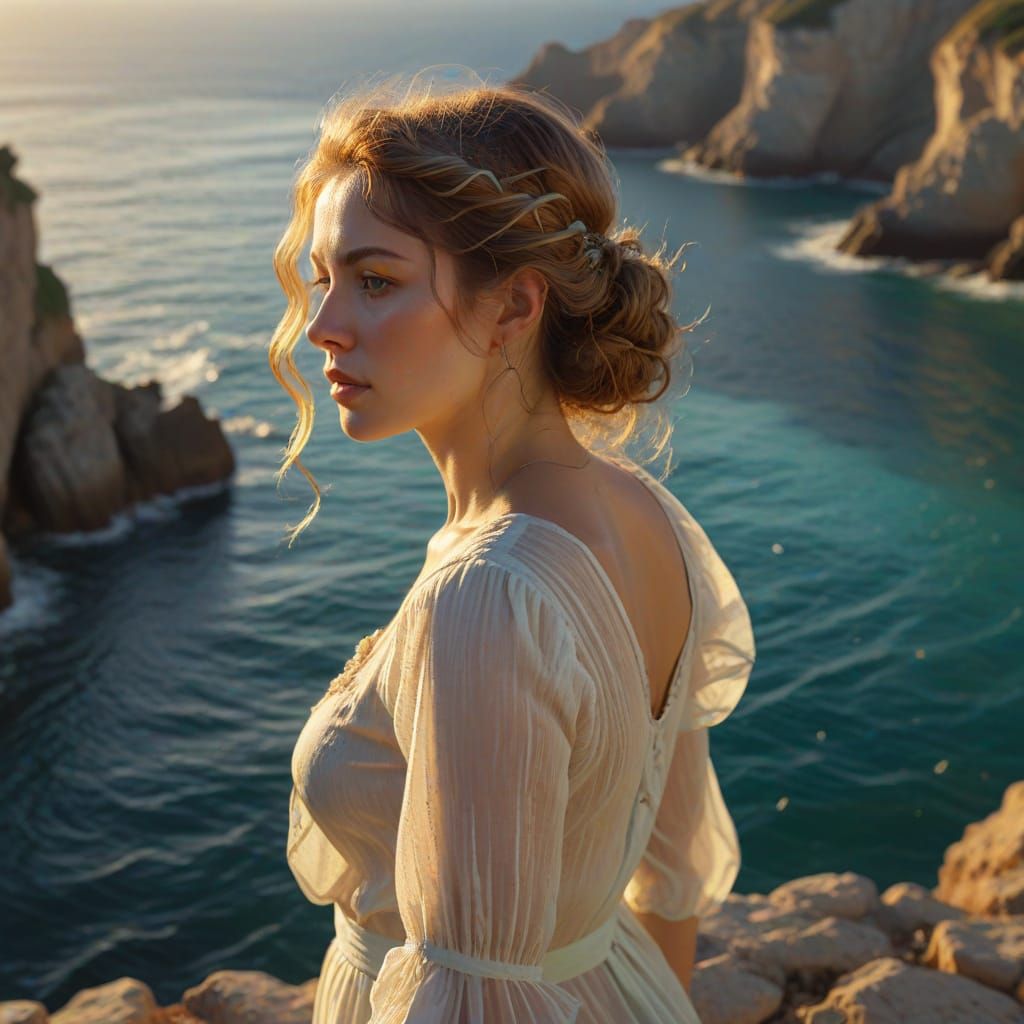 Woman Overlooking the Sea in Golden Light