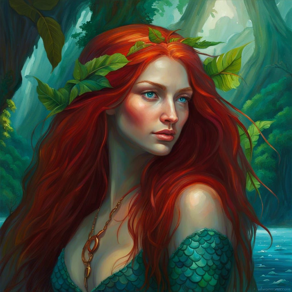 Crimson-Haired Mermaid in Turquoise Bay, Gurney-Style Oil Pa...
