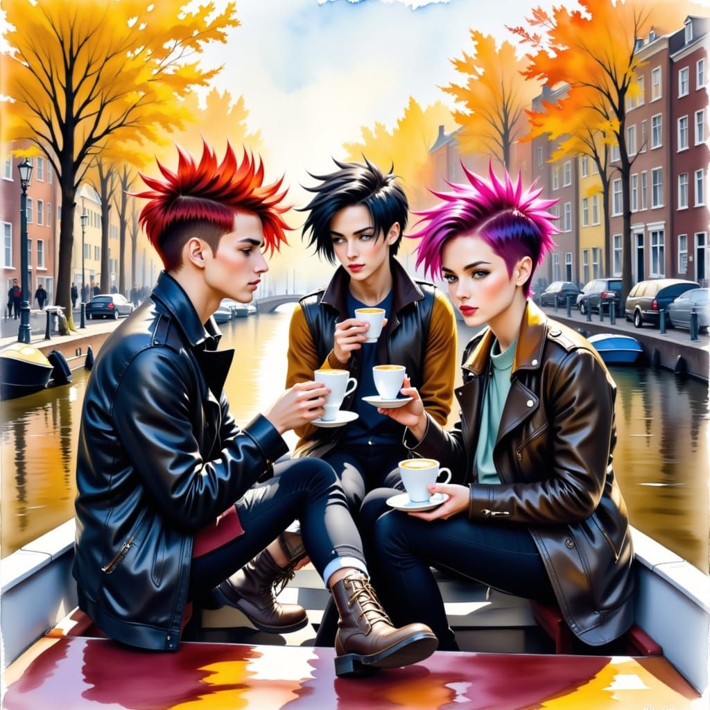 Vibrant Punks on Canal Boat in Expressive Watercolor