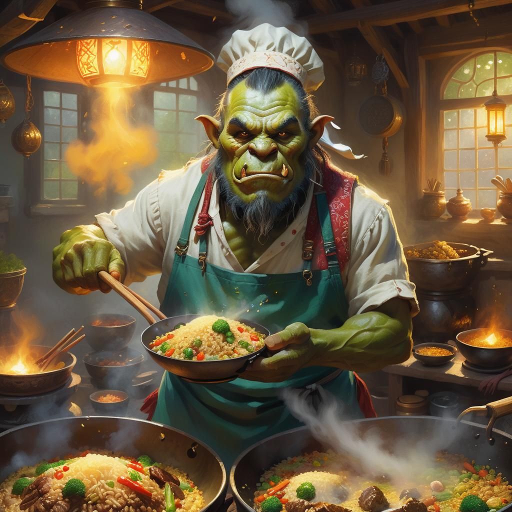 Orc Chef Cooks Fried Rice: Ethereal Fantasy Painting