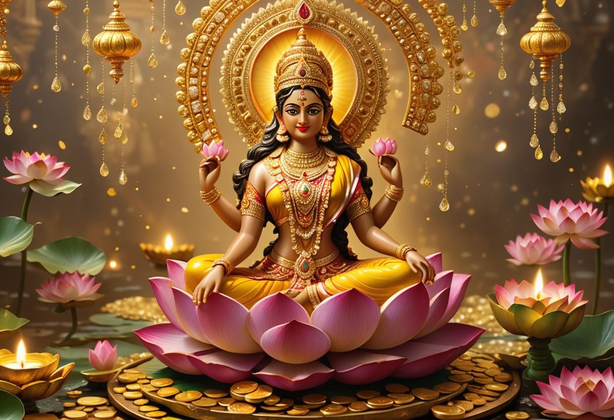Goddess Lakshmi on Lotus with Jewels