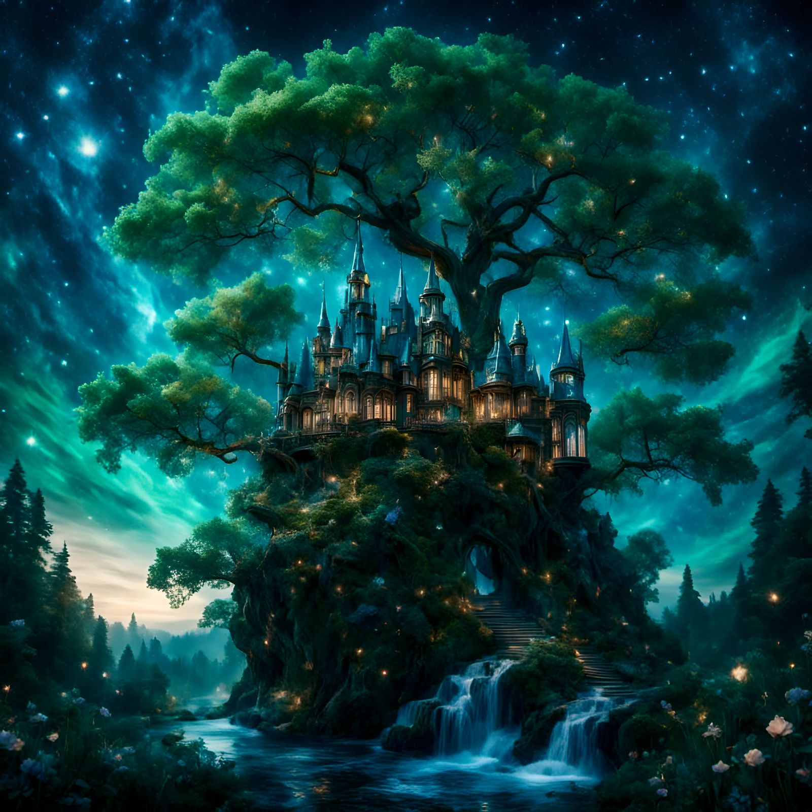 Dark Fairytale Treehouse with Glowing Aura
