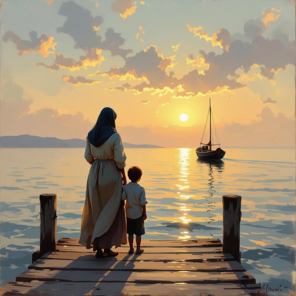Mother Awaits Son's Return on Village Pier at Golden Hour