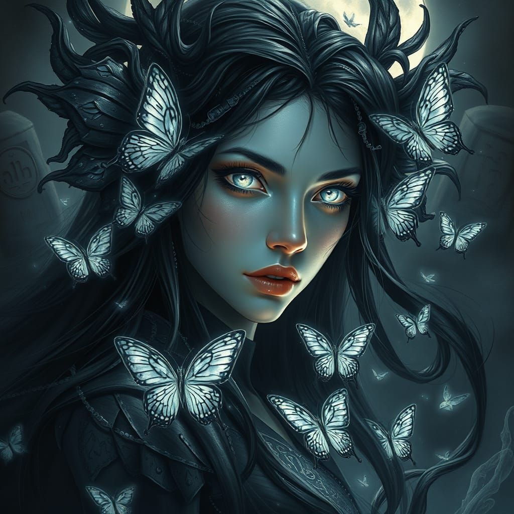 Shadow Weaver Portrait with Moonlit Butterflies in Surreal S...