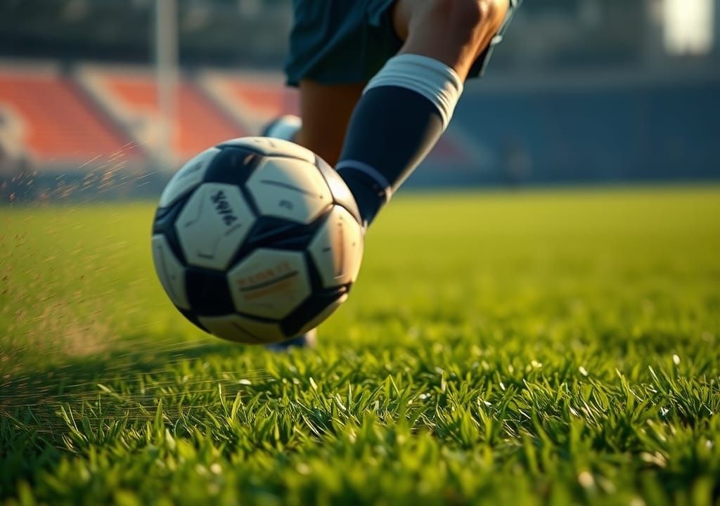 Dynamic Football Player Kicks Vintage Soccer Ball