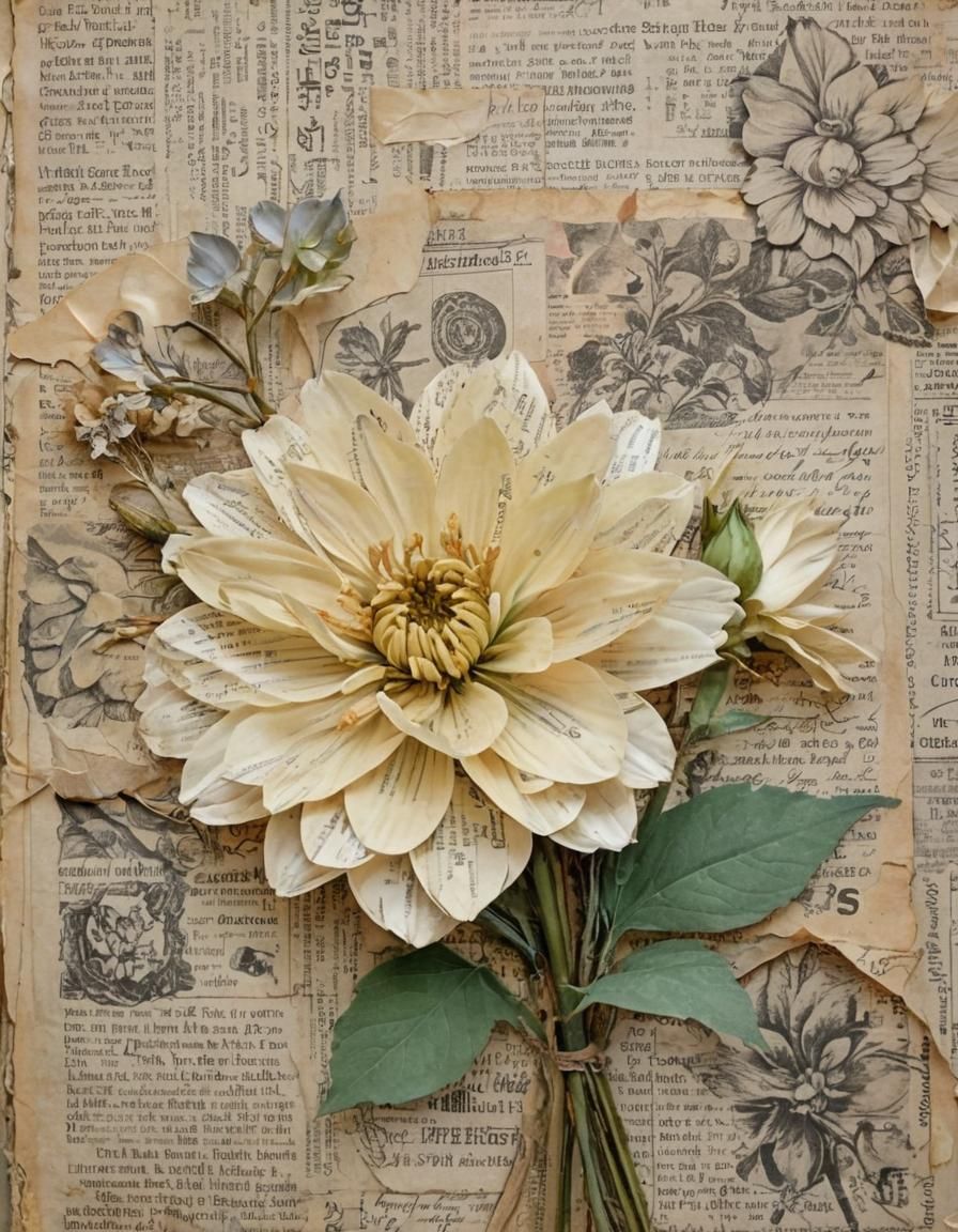 Cream Flower in Vintage Collage Junk Journal