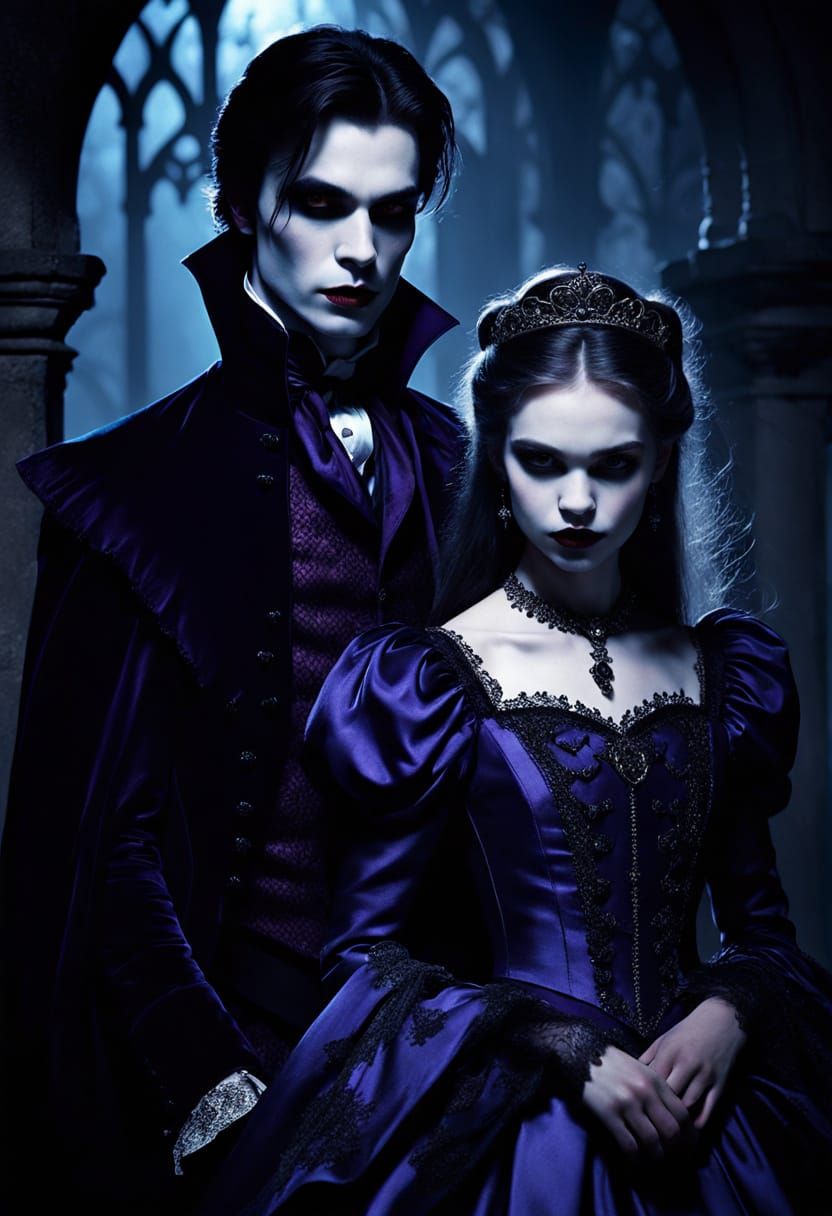 Vampire Prince and Whimsical Princess in Moonlit Gothic Roma...