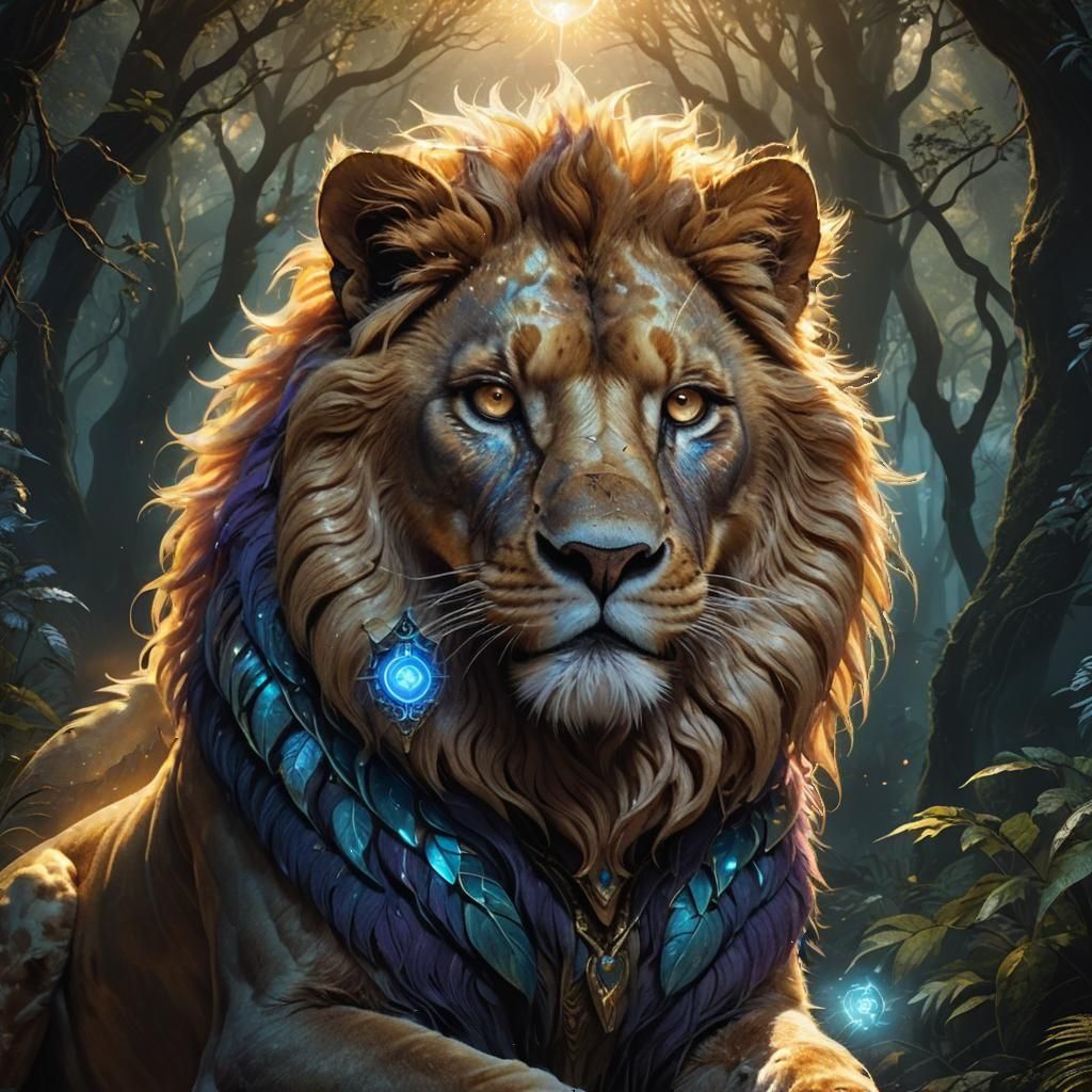 House Cat with Glowing Lion Head, Fantasy Concept Art