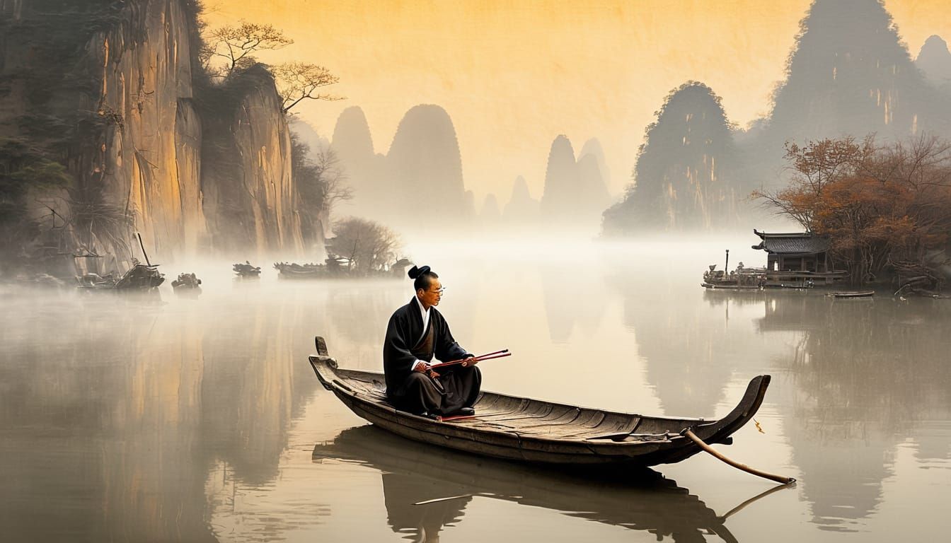 Scholar-Musician in Traditional Chinese Ink Wash