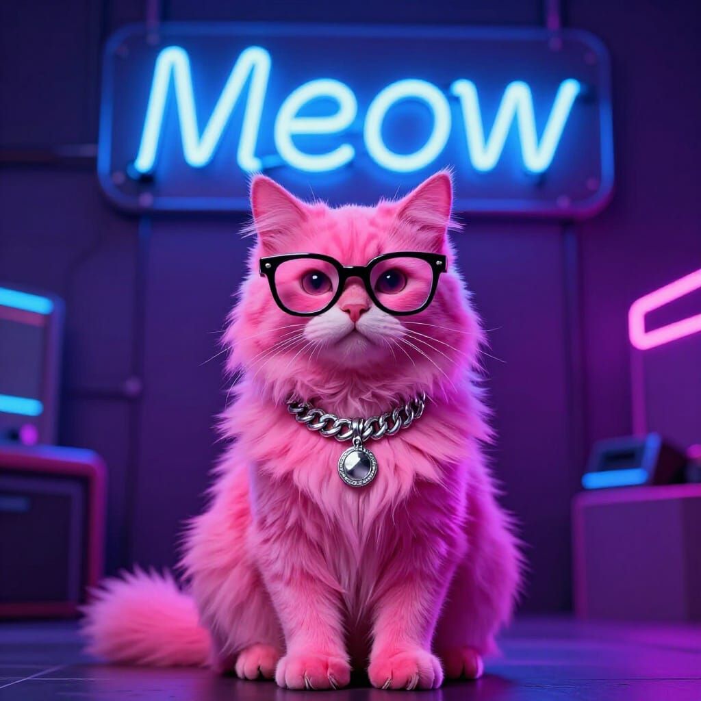 Fluffy Pink Cat in Neon Cityscape