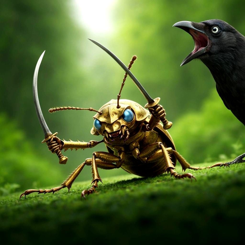 Golden Beetle Warrior Confronts Crow