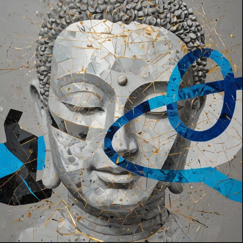 Fragmented Buddha with Prismatic Colors and Gold Foil