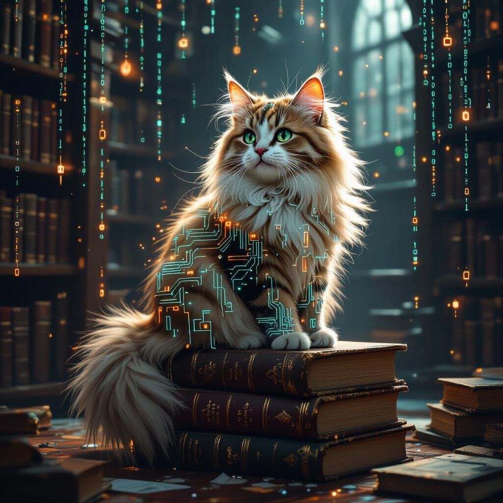 Fluffy Cat with Glowing Circuits on Old Books