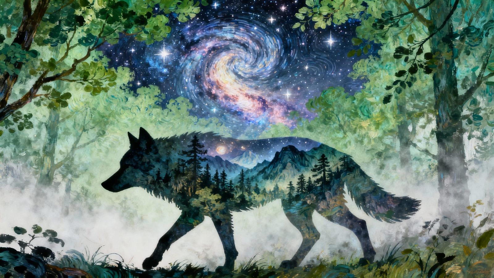 Cosmic Wolf Silhouette in Misty Forest Digital Art