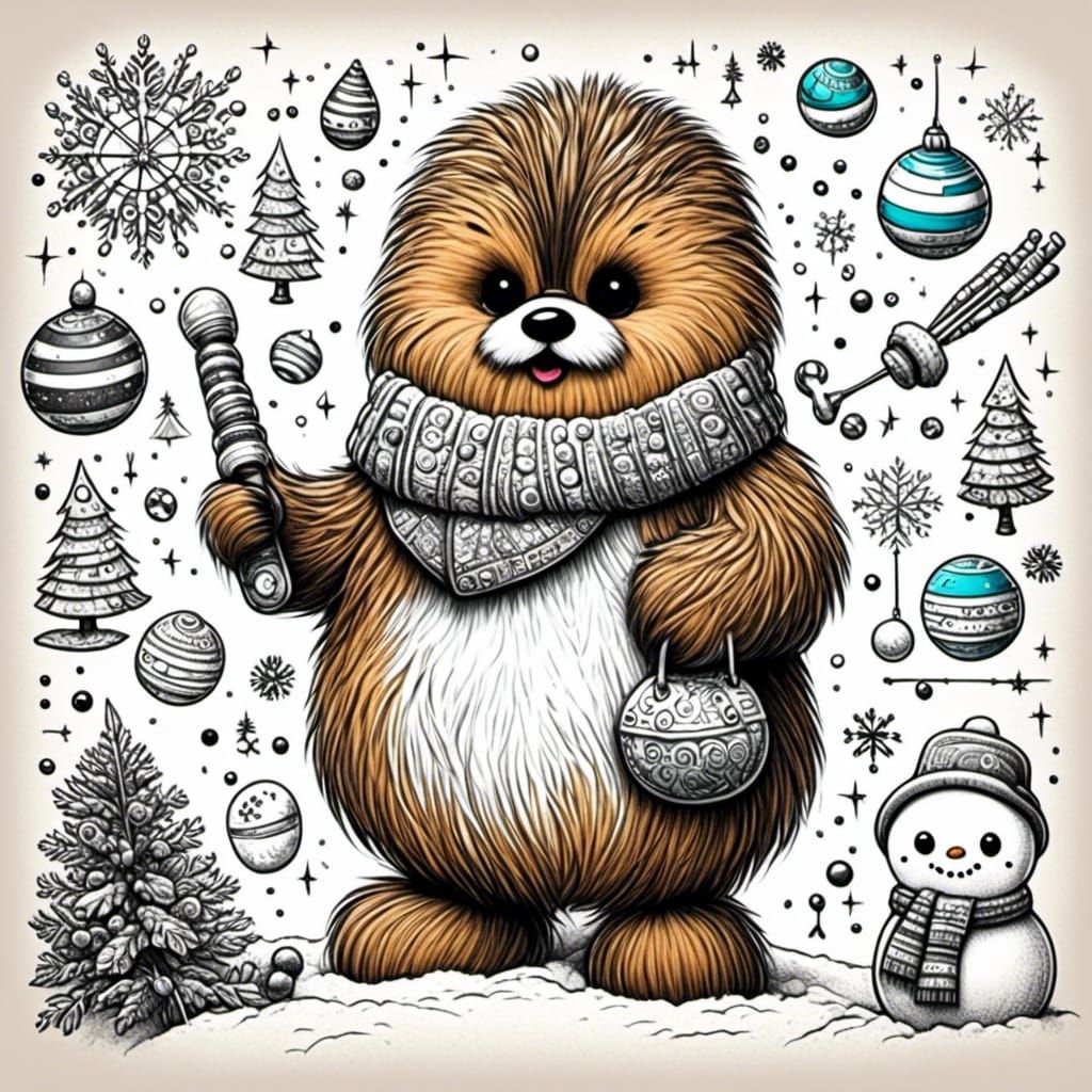 Cute Wookiee Snowman Doodle with Selective Color