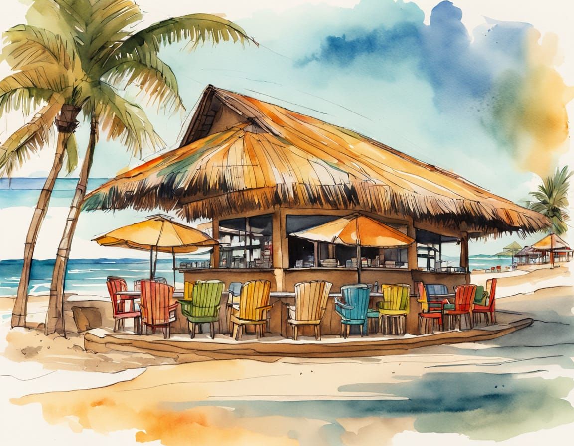 Beachside Café in Vibrant Watercolor