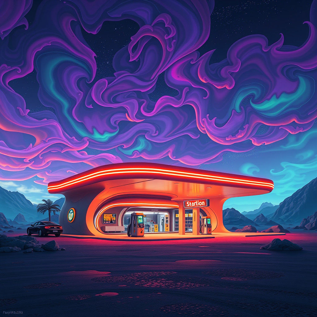 Otherworldly Gas Station on Distant Planet in Digital Art