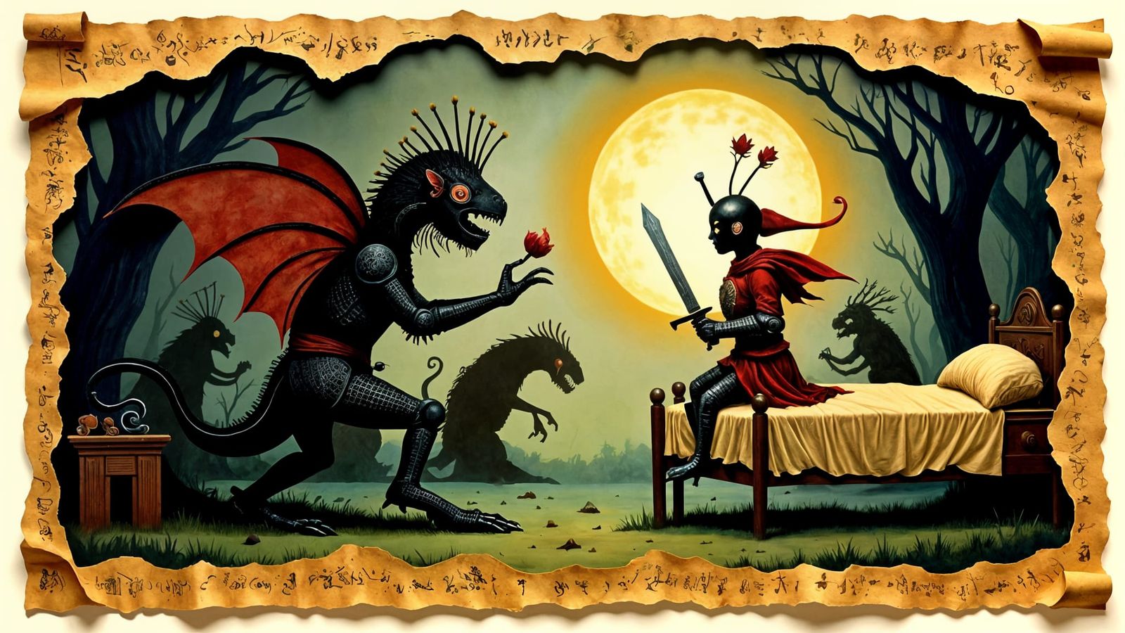 Knight Battles Monsters Under Bed, Golden Age Illustration