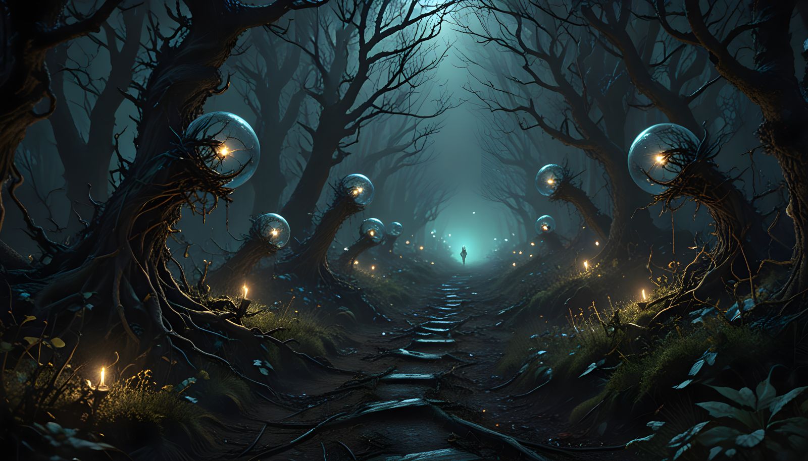 Surreal Cosmic Horror Path in a Darkened, Gothic Landscape