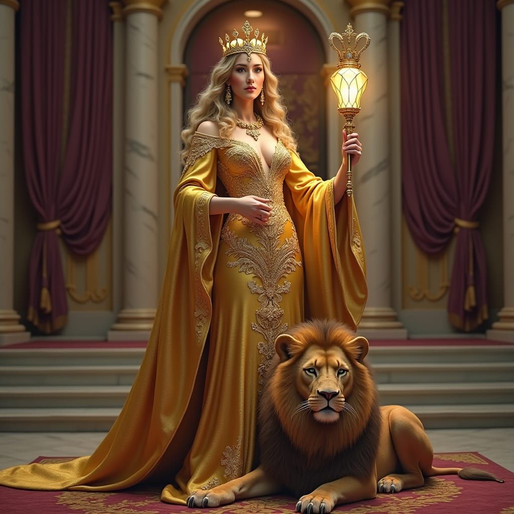 Regal Queen with Lion in Opulent Throne Room