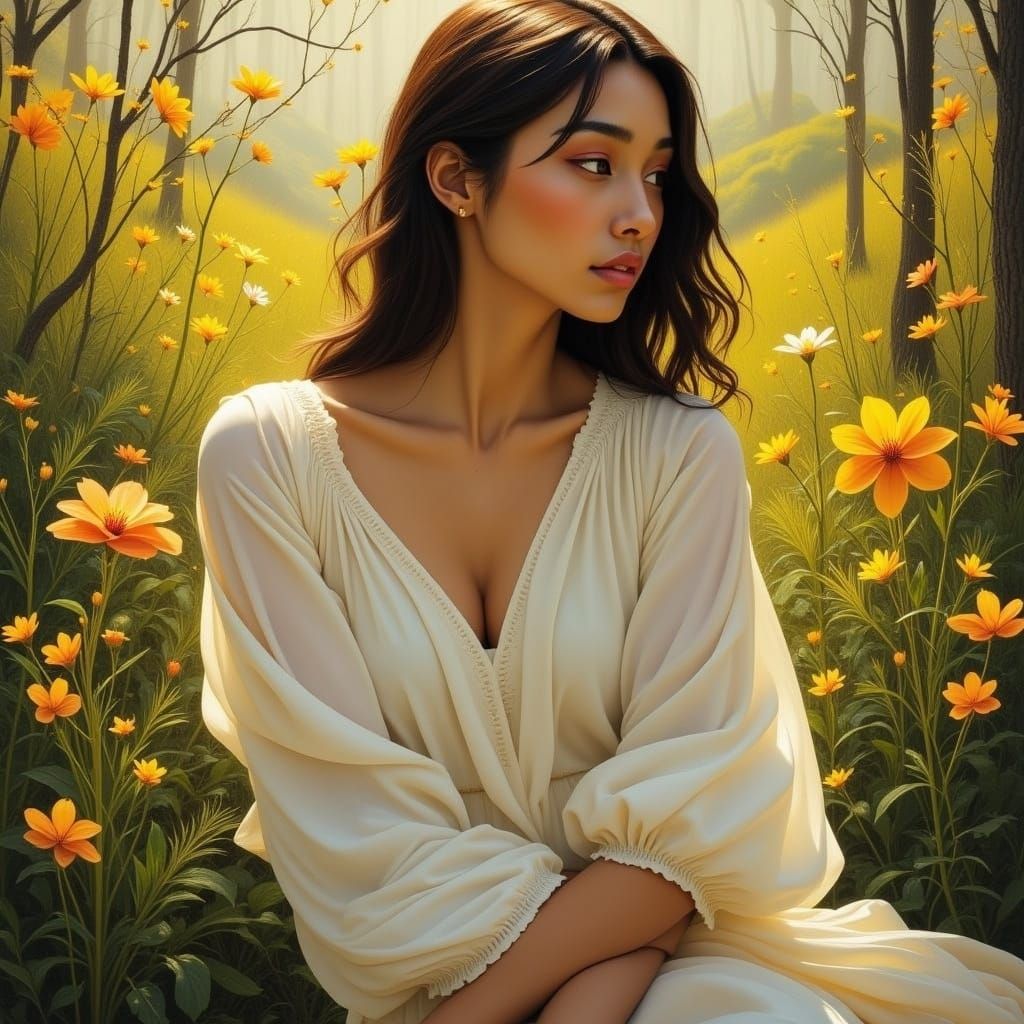 Introspective Woman in Art Nouveau Style