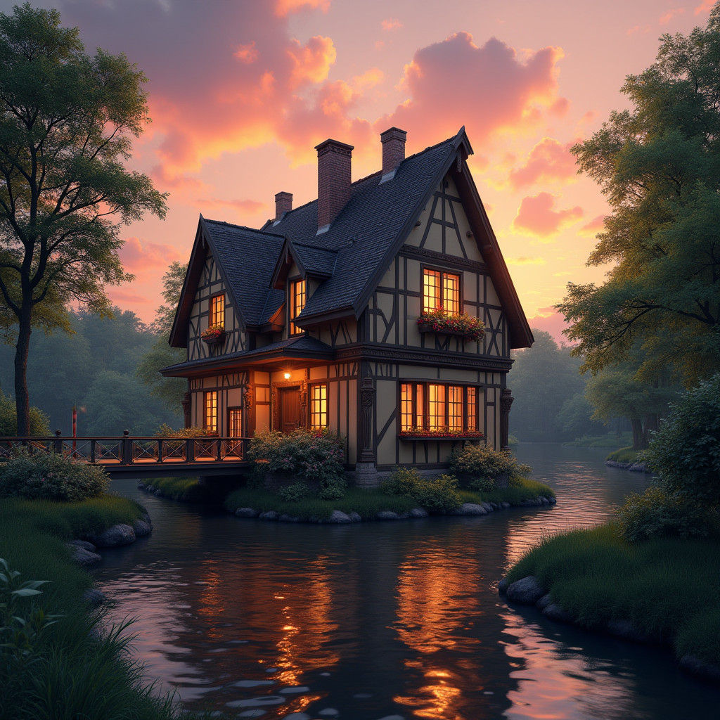 German House at Sunset: Fantasy Realism