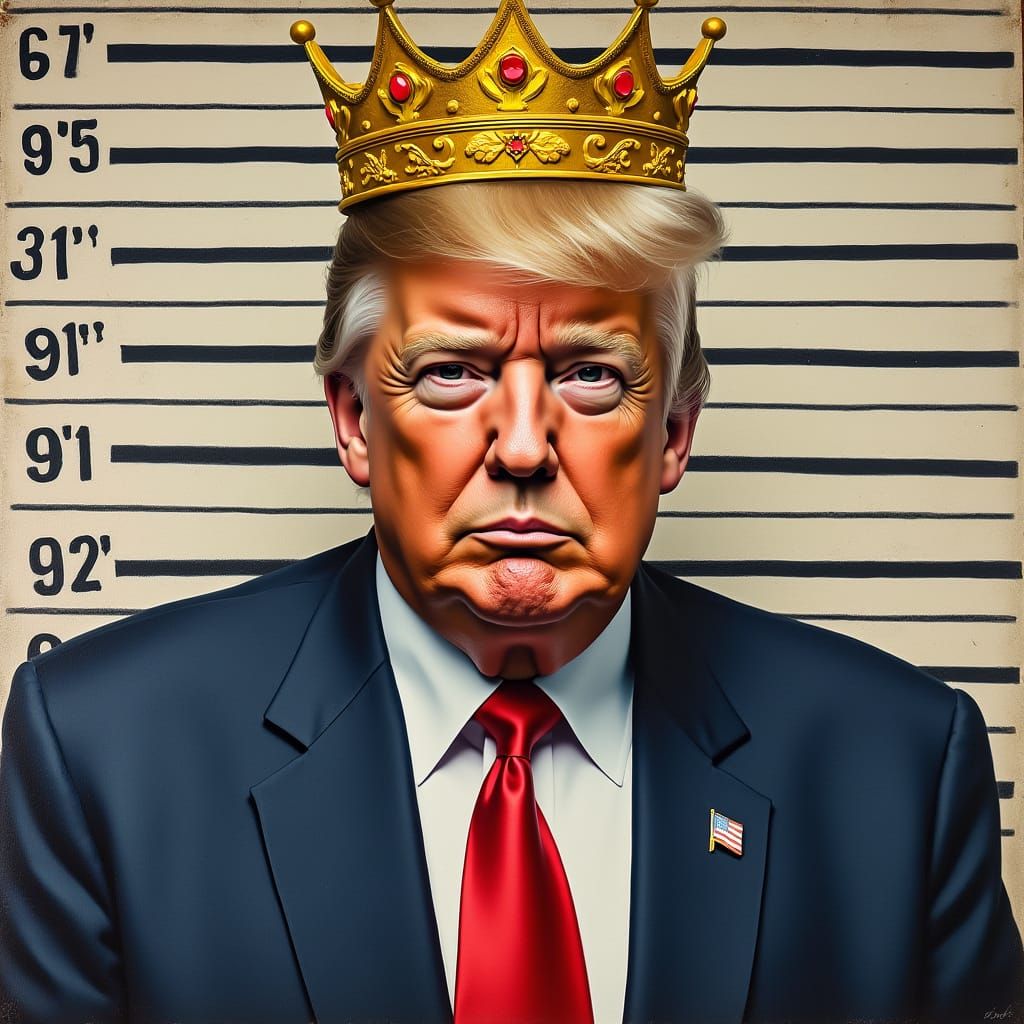 Donald Trump Mugshot with Crown in Vibrant Colors