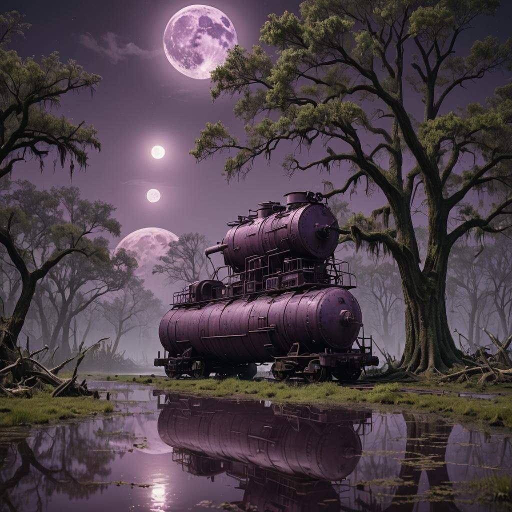 Louisiana Swamp Railway Tank Car Under Purple Moon