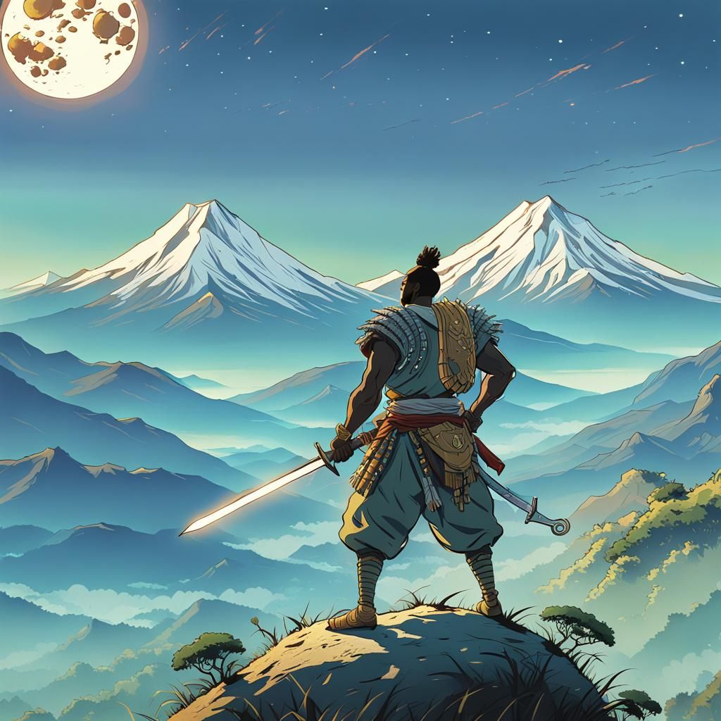 African Warrior in Moonslit Mountains