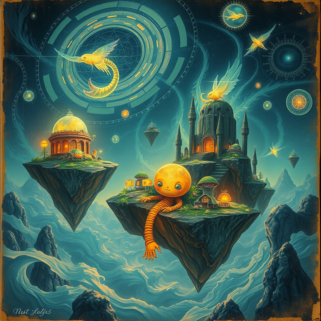 Dreamlike Bioluminescent Islands in Vintage Postcard Art