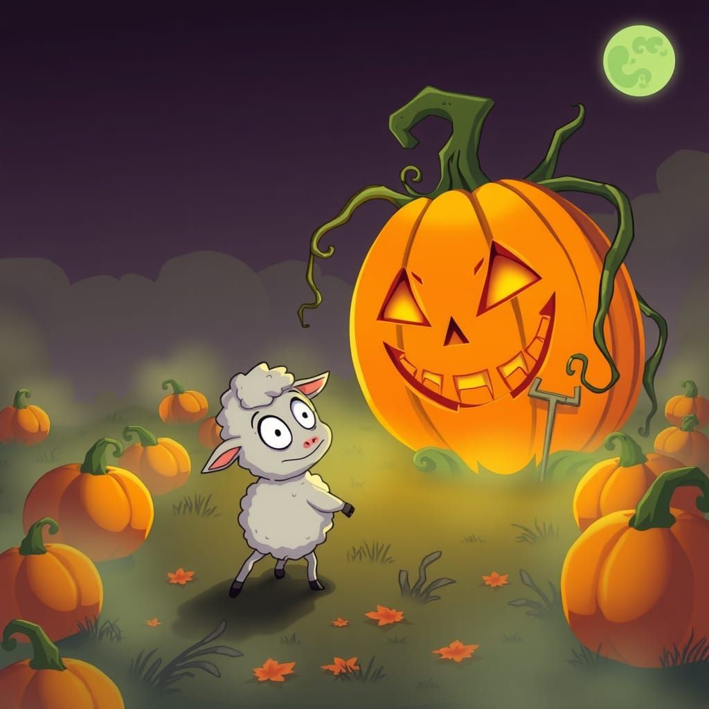 Terrified Lamb and Glowing Jack-o'-Lantern in Cartoon Style