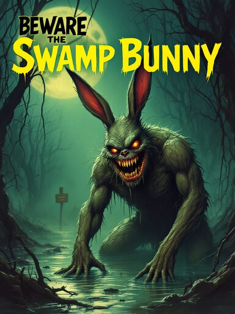 Demented Bunny Emerges from Moonlit Swamp