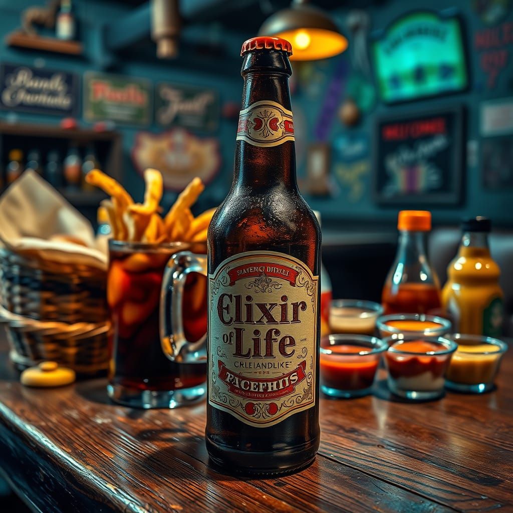 Hyperrealistic Beer Bottle with Whimsical Elixir of Life Lab...