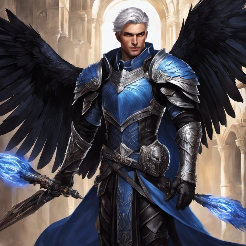 Handsome Aasimar in Raven Armor Portrait