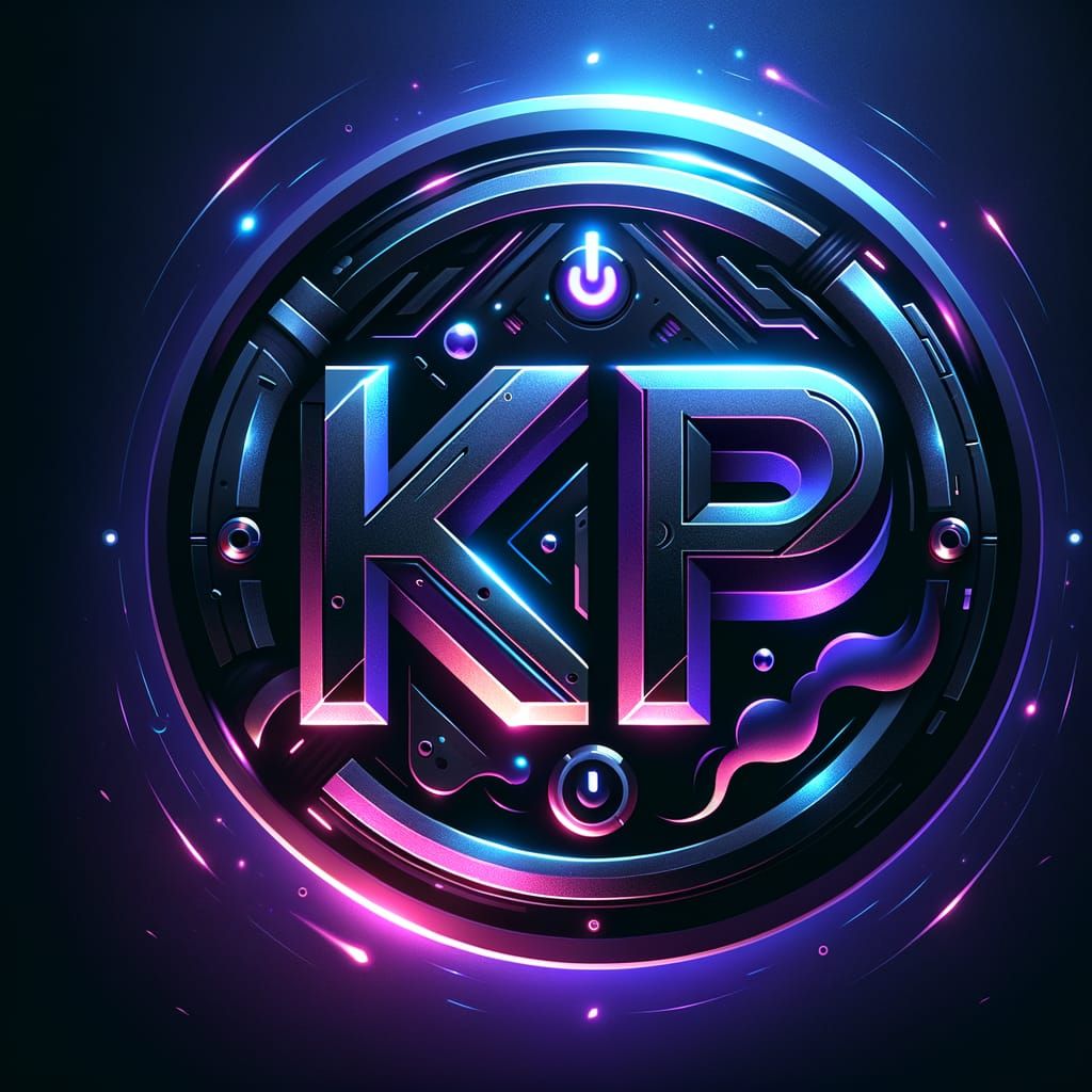 Futuristic KP Logo Design in Neon Purple and Blue