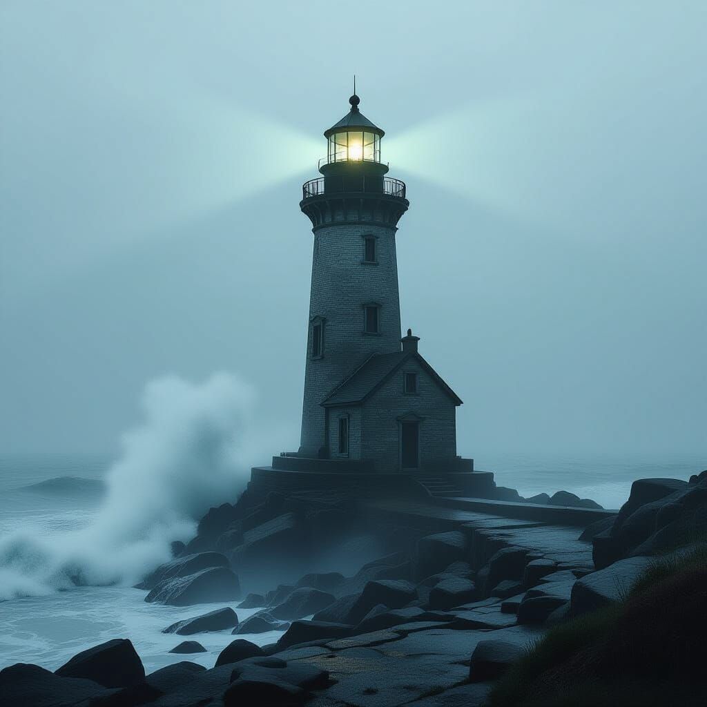 Ethereal Lighthouse on Rocky Shore Digital Painting