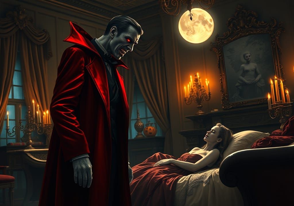 Fierce Vampire at Bedroom Door in Gothic Style