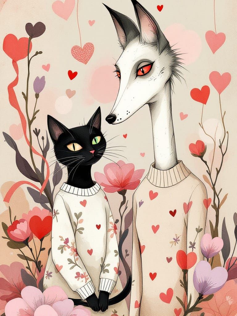 Anthropomorphic Wolf and Cat Embrace in Whimsical Valentine'...