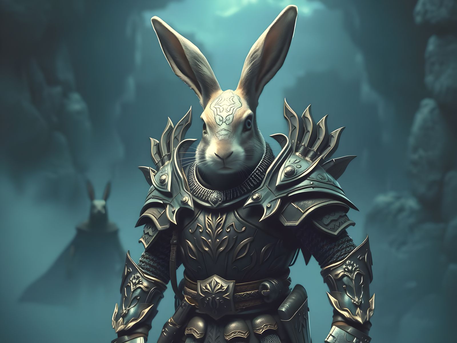 Epic Humanized Rabbit Warrior in Foggy Blue Scene