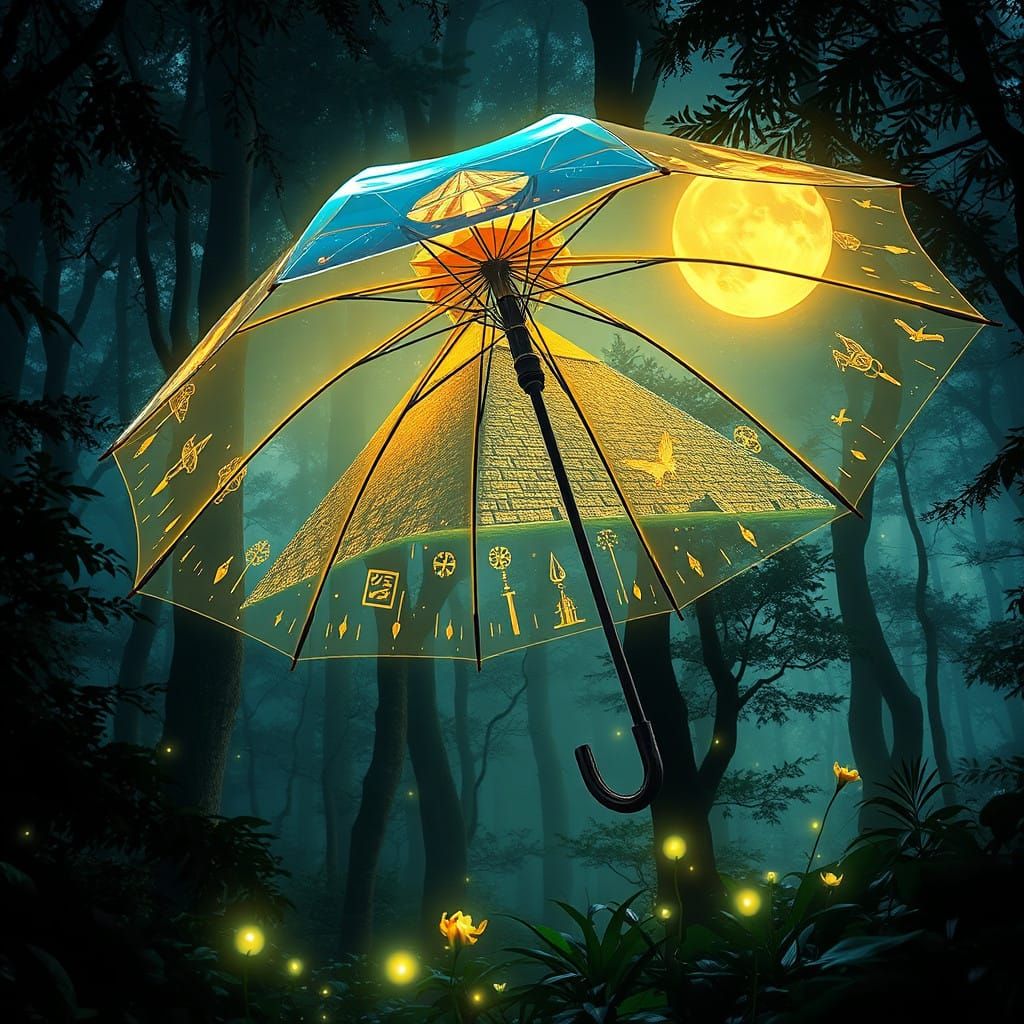 Surreal Umbrella Radiates Futuristic Magic in Enchanted Fore...