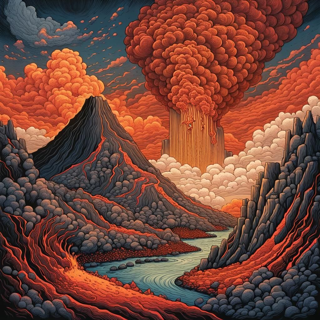 Whimsical Volcanic Eruption in Pen and Ink Style