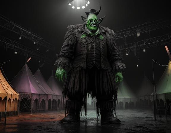 Grotesque Clown in Dimly Lit Circus Tent - Dark Fantasy Art