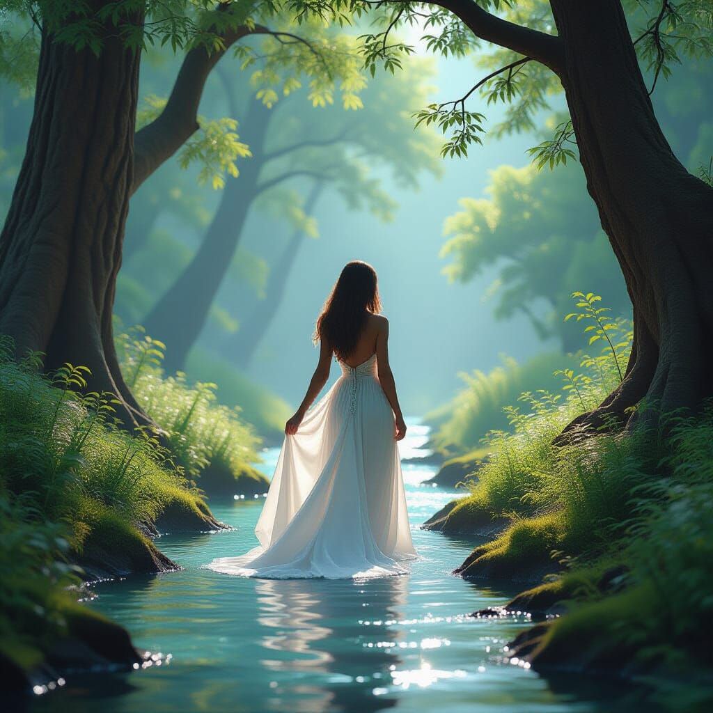 Serene Woman in Hidden Grove: 3D Photorealistic Art
