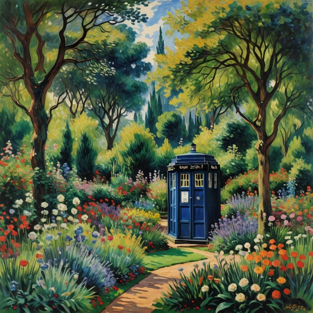 Tardis in Garden: Impressionistic Digital Art