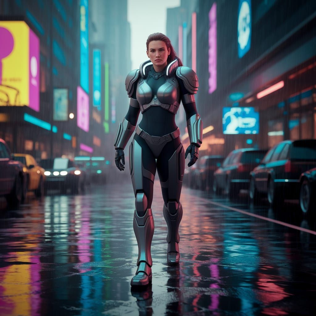 Amazonian Warrior Guarding Neon Cyberpunk City