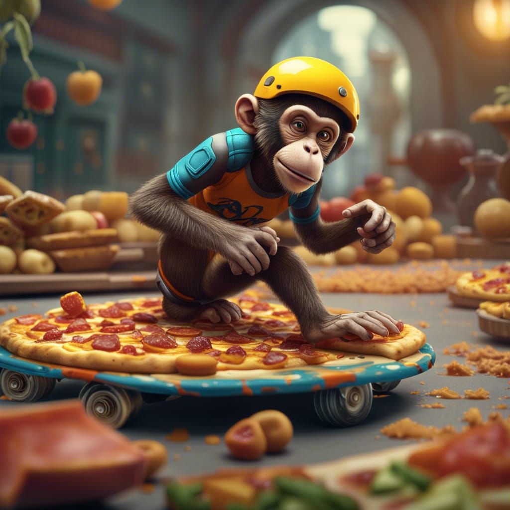 Monkey Roller Blading with Pizza, Digital Art