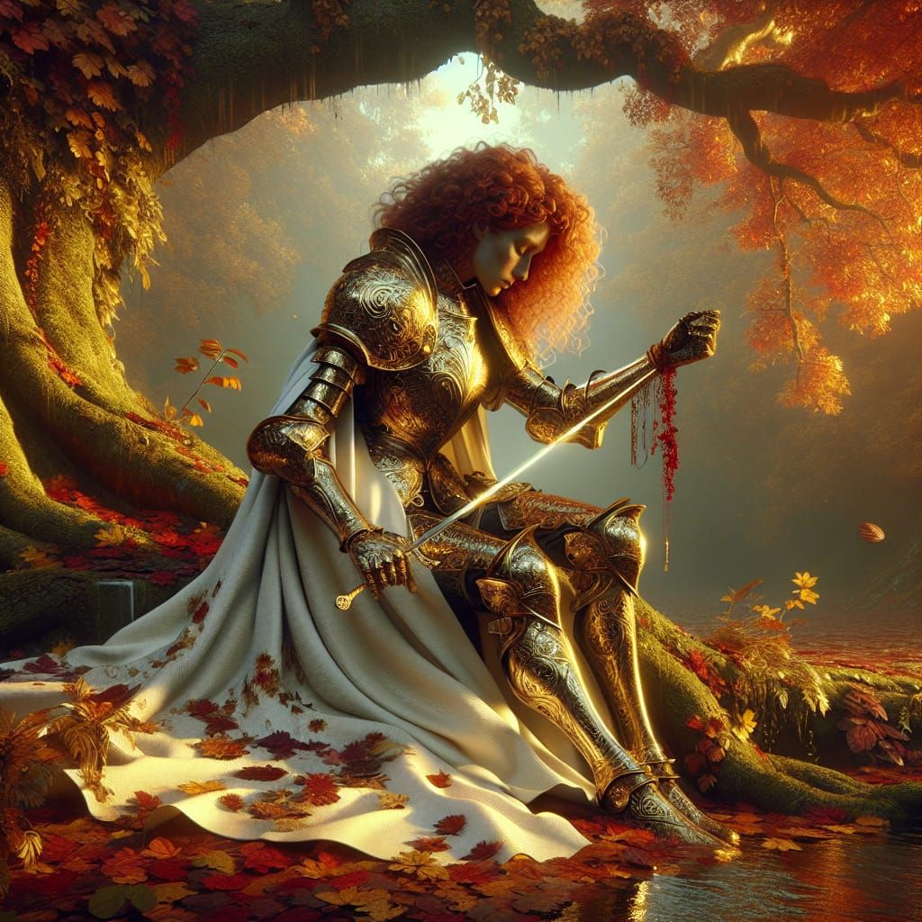 Red-Haired Knight Polishing Rapier in Autumnal Light