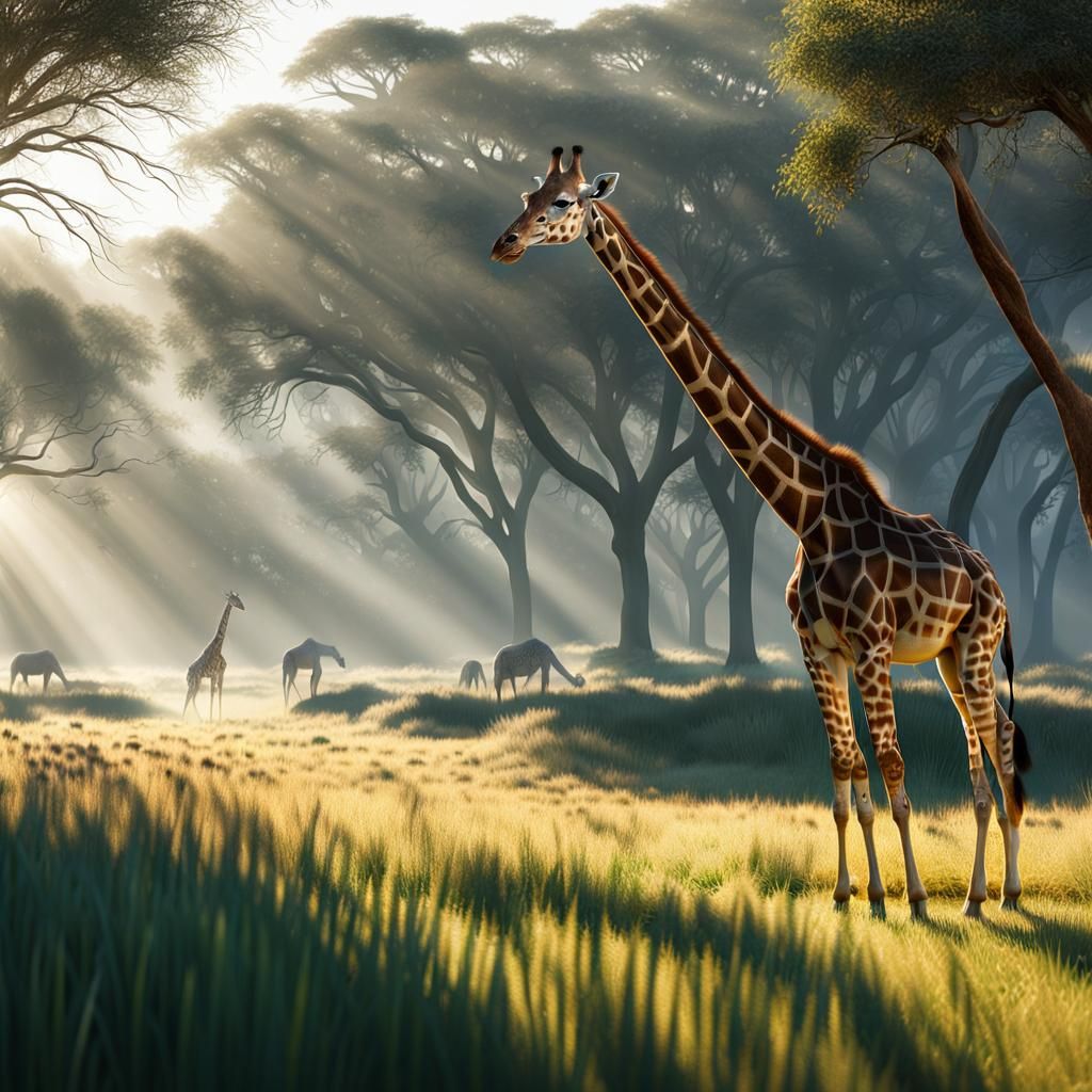 Giraffe Drinking in Safari: Hyperrealistic Concept Art