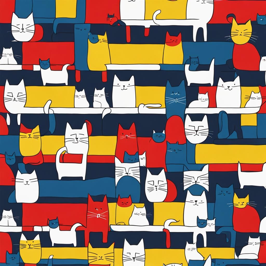 Minimalist Cat Pattern in Red, Blue, and Yellow